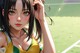 Anime girl with green eyes on a tennis court.