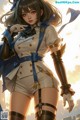 A woman in a white and blue outfit holding a sword.